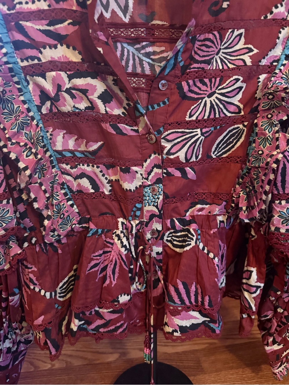 FARM Rio Maroon Floral Ruffle Button-Front Blouse - Picture 3 of 7